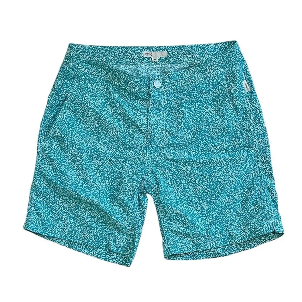 Onia Calder 7.5 Swim Shorts Men 30 Teal Turquoise White Abstract Speckle Trunks